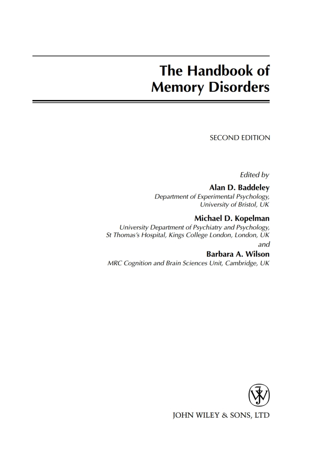 The Handbook of Memory Disorders 2nd Edition