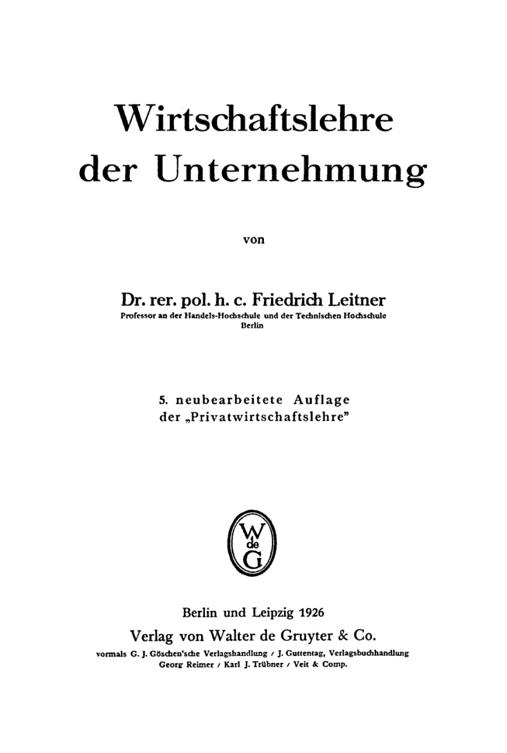 Wirtschaftslehre der Unternehmung 5th Edition